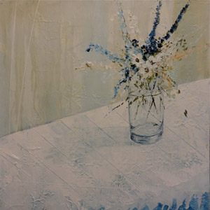 Blue Flowers, White Striped Cloth